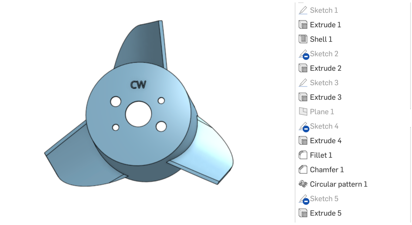 Onshape CAD propeller model and feature timeline